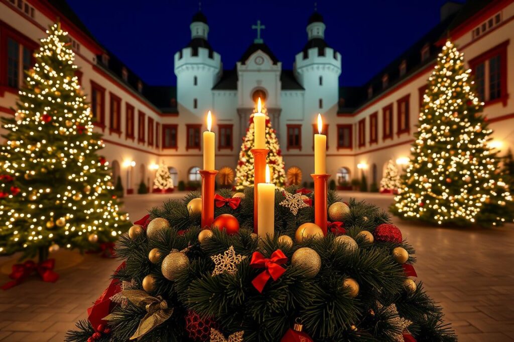 Adventskranz und Christbaumschmuck im Schlosshof Seefeld
